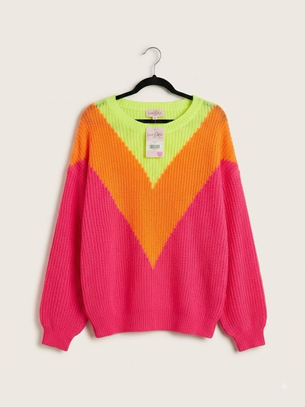 Bright Colorblock V‑Insert Crewneck Sweater - Pink/Orange/Green
